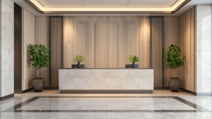 Elegant and Inviting Hotel Reception with Luxurious Marble Floors Sophisticated Wooden Paneling and Stylish Lighting Fixtures Providing a Warm and Welcoming Atmosphere for Guests