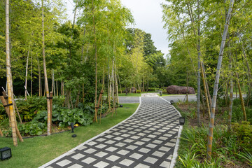 A serene, well-maintained Asian-style garden pathway with a checkered pattern, lined with tall...