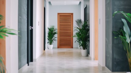 Chic and Elegant Hotel Entrance Decor with Stylish Architectural Elements and Lush Tropical Plants in a Captivating Deep Depth of Field