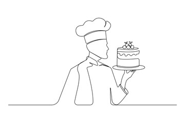 Continuous single-line art drawing of chef holding plate of cherry cake. Vector illustrations.
