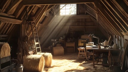 Fototapeta premium Sunlit Workstation in a Rustic Barn Loft with Hay Bales Nearby