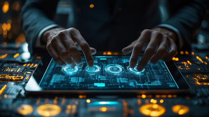 Businessman using AI-powered tablet to analyze complex real-time data sets, with a digital interface overlay showcasing key insights and trends.