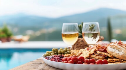 Poolside picnic scene featuring a variety of delectable snacks and drinks set against the backdrop of a stunning Mediterranean landscape with mountains a serene pool and a cozy outdoor dining area