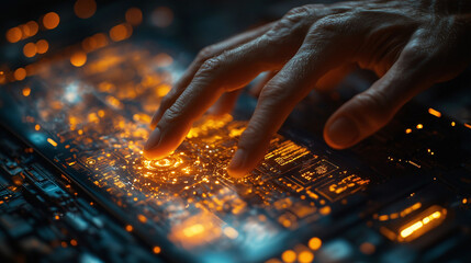 Businessman using AI-powered tablet to analyze complex real-time data sets, with a digital interface overlay showcasing key insights and trends.