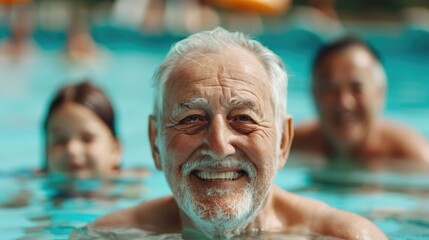 Fototapeta premium Cheerful and smiling elderly grandfather enjoying a fun swim with his affectionate grandchildren in a refreshing pool during a summer family vacation