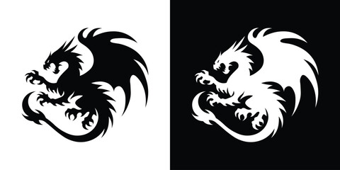 Black and White Abstract Dragon Silhouette - Modern Fantasy Logo Design
