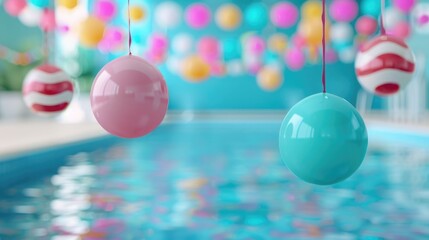 Vibrant floating as colorful balloons and playful spheres create a festive atmosphere at a lively children s pool party captured with a deep depth of field to emphasize the joyful