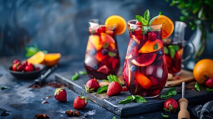 Refreshing sangria or punch with fruits in glasses and pincher