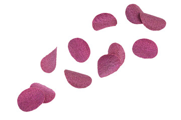 Purple sweet potato chips falling in the air isolated on white background with clipping path. delicious sweet potato chips.