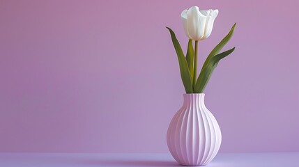Fototapeta premium Single white tulip in a corrugated pink vase on purple background