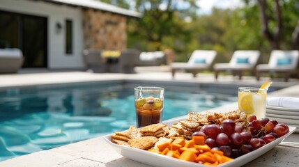 Refreshing Snacks and Drinks Spread on Table by the Poolside for Relaxing Family Gathering and Leisure Time Enjoyment