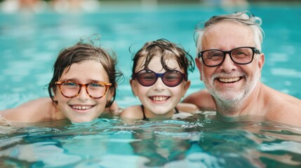 Fototapeta premium Family Enjoying Carefree Poolside Fun and Time Together on Vacation with Grandparents Parents and Children Smiling and Splashing Around in the Water