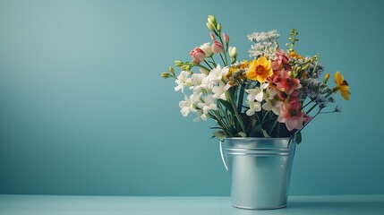 spring flowers in bucket on blue background