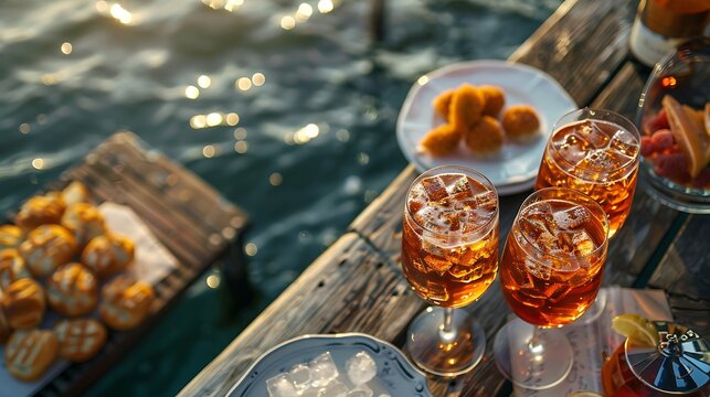 Spritz Aperol drink with venetian traditional snacks cicchetti on the water chanal background