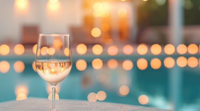 Cozy poolside gathering with family and friends in the evening atmosphere with deep depth of field and warm festive lighting creating a tranquil inviting ambiance for a joyful social event