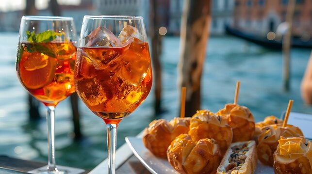 Spritz Aperol drink with venetian traditional snacks cicchetti on the water chanal background
