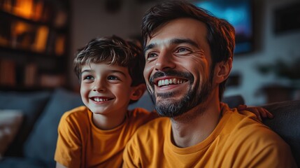 Happy Father and Son Watching TV Together at Home in Matching Yellow Shirts