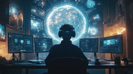Futuristic IT Professional Using Virtual Reality in High-Tech Control Room for Global Data Management