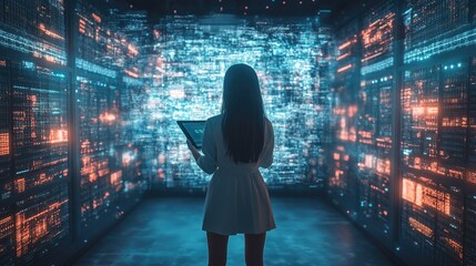 Woman in Server Room Analyzing Data on Digital Tablet with Futuristic Interface