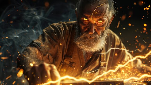 The skilled blacksmith intensely focuses on shaping metal as sparks fly in his dimly lit workshop