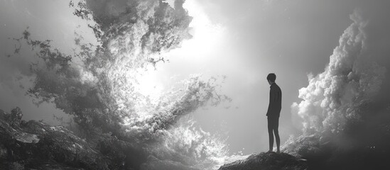 Fototapeta premium A solitary figure standing on a rocky outcrop, surrounded by swirling clouds, contemplating the vastness of the sky.