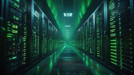 Futuristic Data Center Corridor with Illuminated Servers and Green Lights