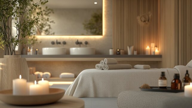 Luxurious home spa environment with a dedicated massage space featuring soft linens, candles, and essential oils. The lighting is soft and natural, creating a calm and peaceful atmosphere for