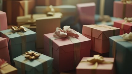 A group of wrapped gifts with pink and blue boxes tied with gold ribbons.
