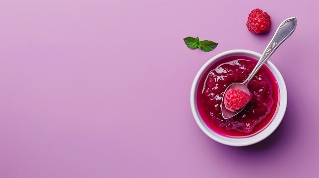 top view of teaspoon near jam in bowl on purple background