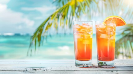 Two glasses of exotic cocktails on a white wood table with a caribbean seascape background