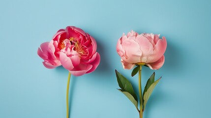 Obraz premium two pink peonies on blue background