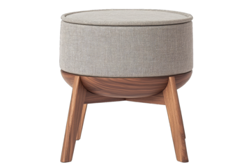 Modern round ottoman with fabric top and wooden legs, perfect for home decor and versatile seating solutions.