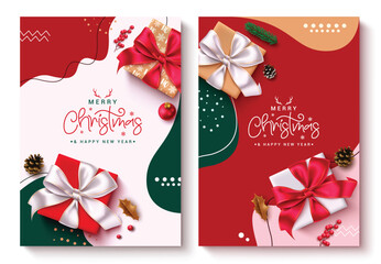 Christmas greeting vector poster set design. Merry christmas greeting text in colorful printed background with gift box, holly berry and spruce leaves elements. Vector illustration invitation card 
