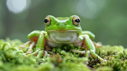 Green Tree Frog Perched on Moss