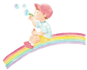 手描き水彩イラスト素材　虹に座りしゃぼん玉を吹く男の子