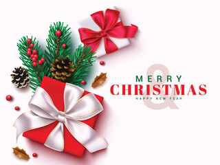 Christmas greeting vector card design. Merry christmas greeting text with gift box, pine tree leaves, holly berry and spruce elements in minimal white background. Vector illustration holiday season 