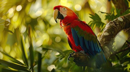 Scarlet Macaw Perched on a Branch in a Lush Tropical Forest