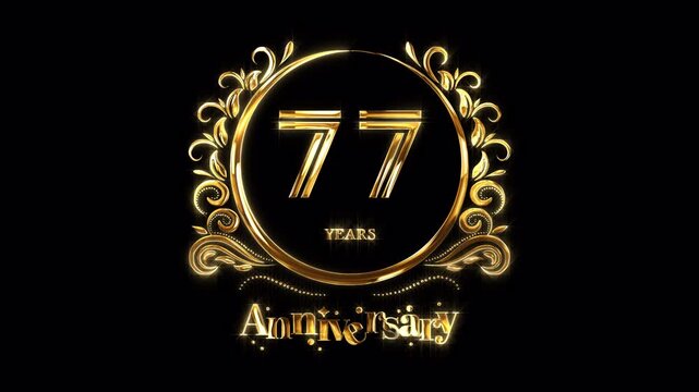 77th Anniversary Celebration. Happy 77 Years Anniversary Animation in Gold Color on the Transparent Background, Alpha Channel. Great for greetings, celebrations, events, and gifts.