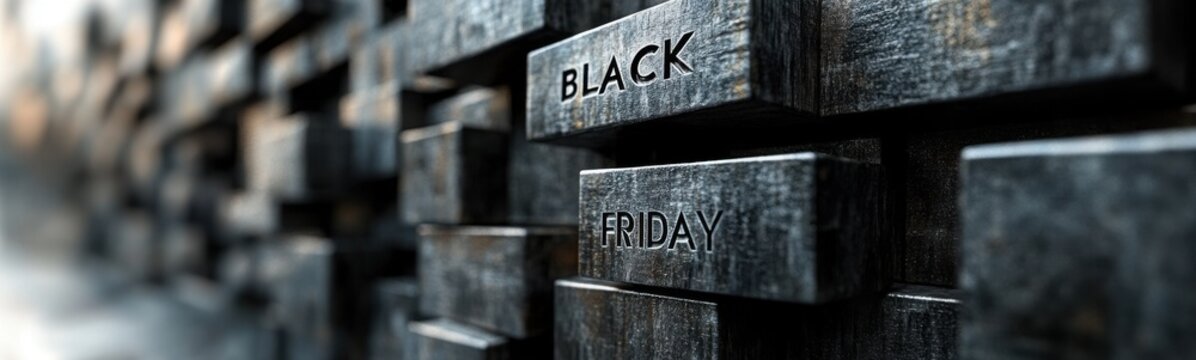 Many black wooden blocks that are stacked together, Sale discount concept, BLACK FRIDAY