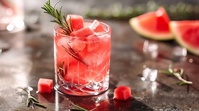 Watermelon fruity cocktail mocktail drink decorated with cubes of fresh watermelon and rosemary