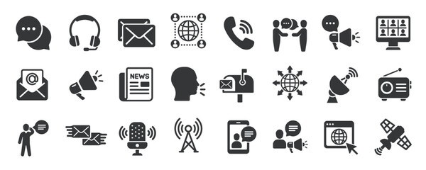 Communication glyph solid icons collection. Containing content mail, contact, phone, discussion, message. Minimal icon and symbol series vector illustration