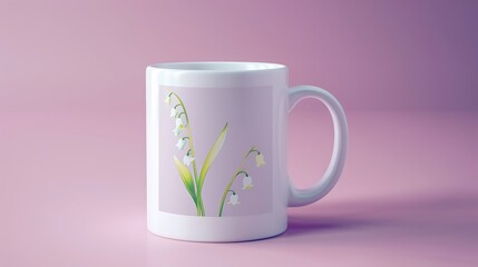 White ceramic mug with Lily of the valley on purple background