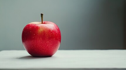 Create 5 prompts for stock photos related to A red apple with a green stem sits on a white table with 100-200 characters and ending with