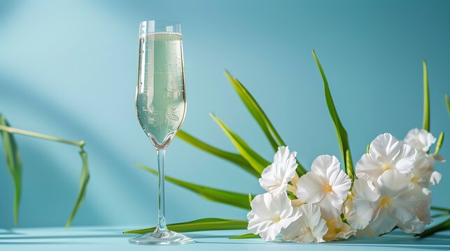 White oleander flowers and champagne glass on blue background
