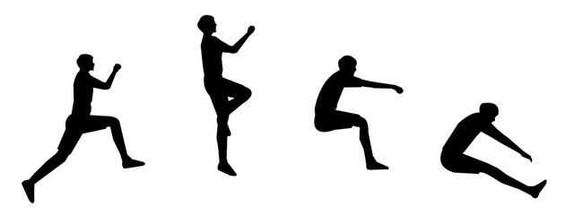 set of silhouettes of triple jump,  long jump different pose, gesture. batter. isolated on white background. vector illustration.