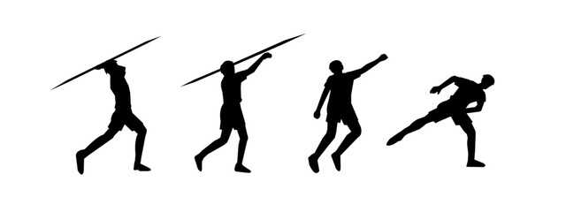 Vector set of silhouettes of javelin isolated on white background.