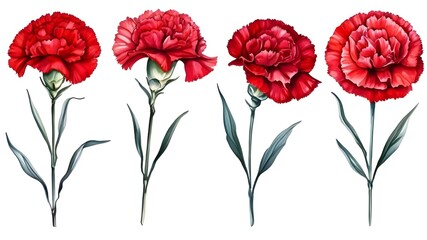 Set beautiful red carnation isolated on white background. Hand-drawn with effect of drawing in watercolor