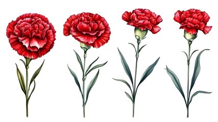 Obraz premium Set beautiful red carnation isolated on white background. Hand-drawn with effect of drawing in watercolor