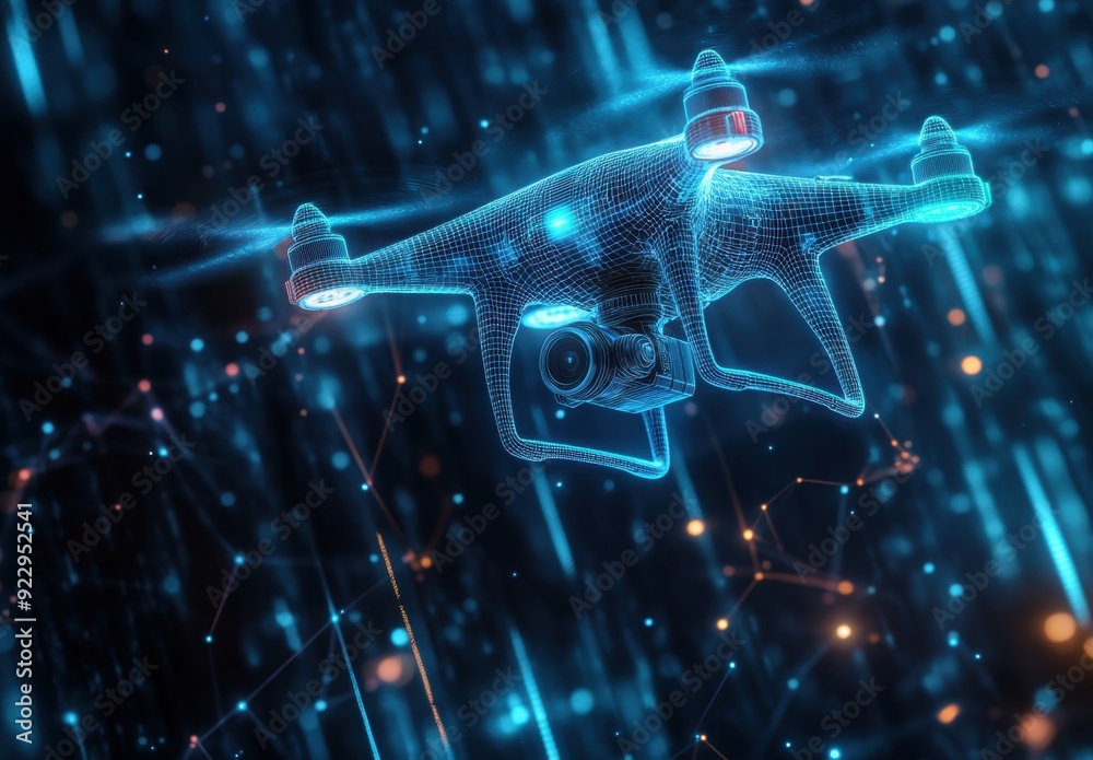 Wall mural a futuristic drone with patterns and visualization lines flying in the air with a camera, wireframe 