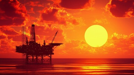 石油プラットフォームのシルエット、夕方の日没2